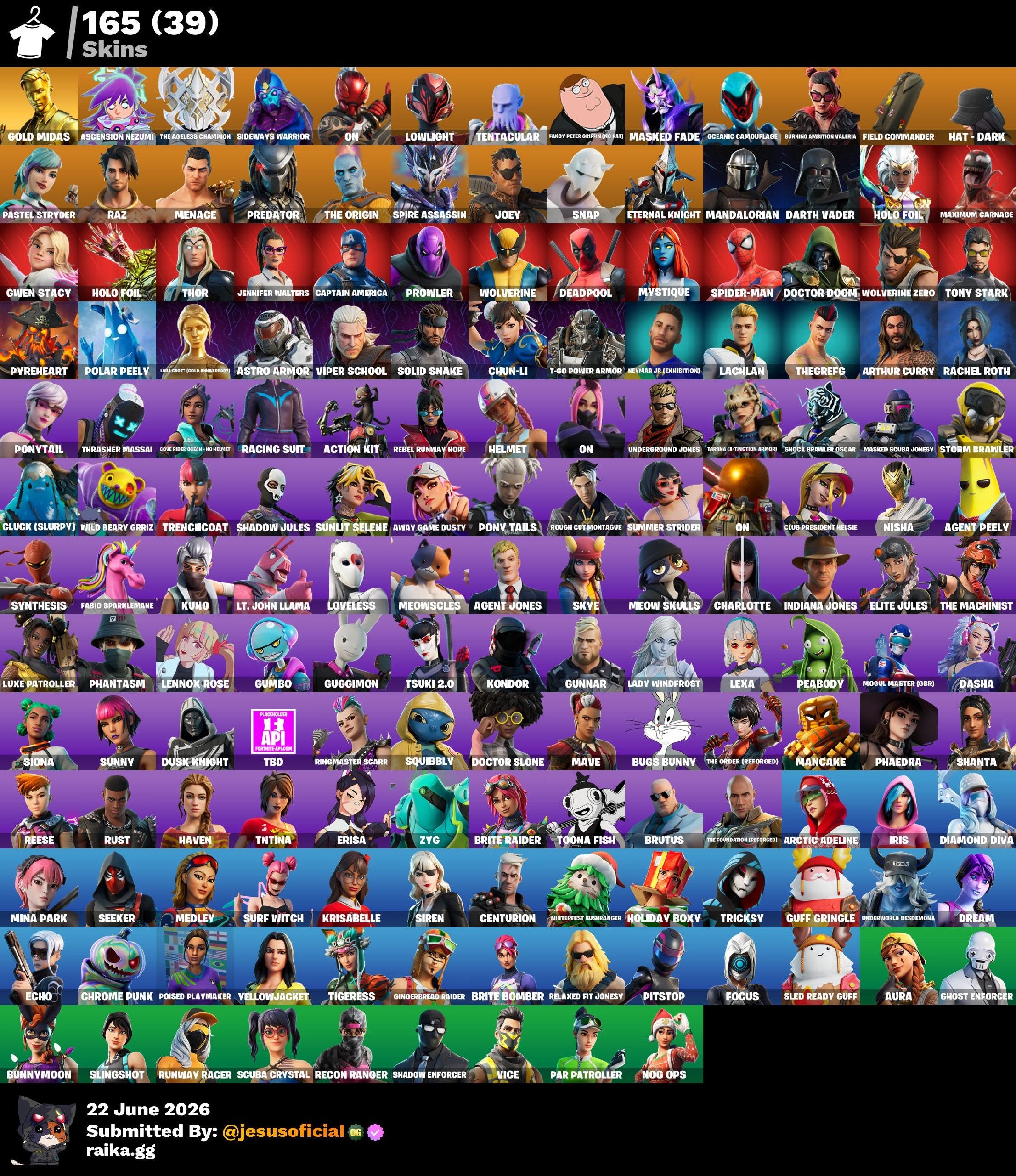 165 SKINS GOLD MIDAS + GOLD LARA CROFT + PASE MARVEL OG