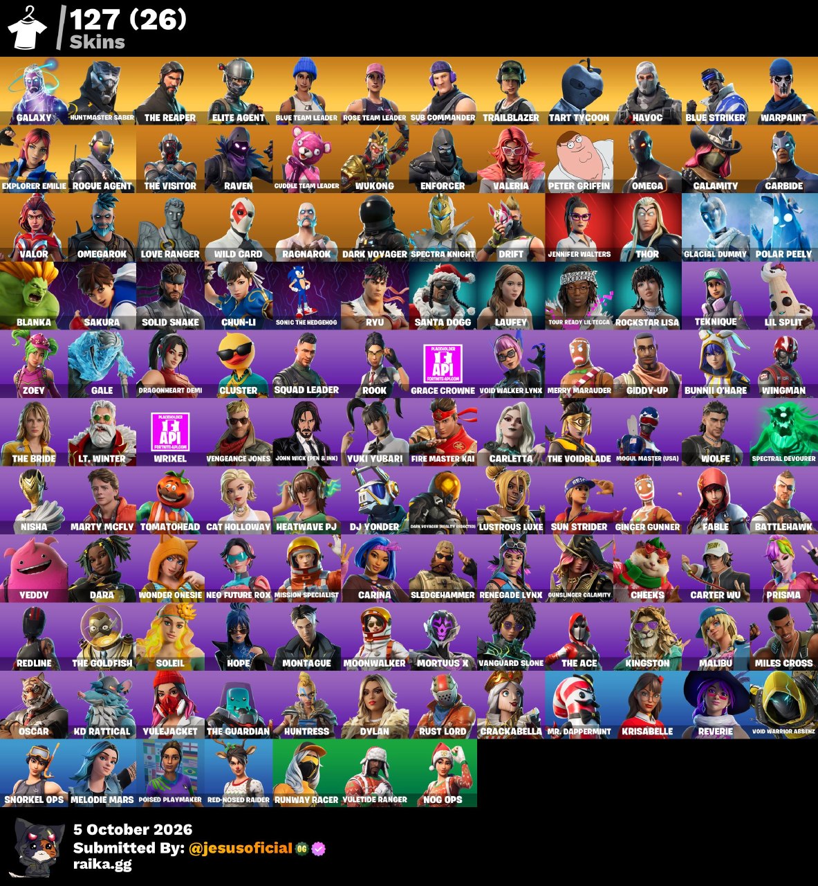127 SKINS GALAXY + THE REAPER + TOMA LA L + JELTY + STW OG