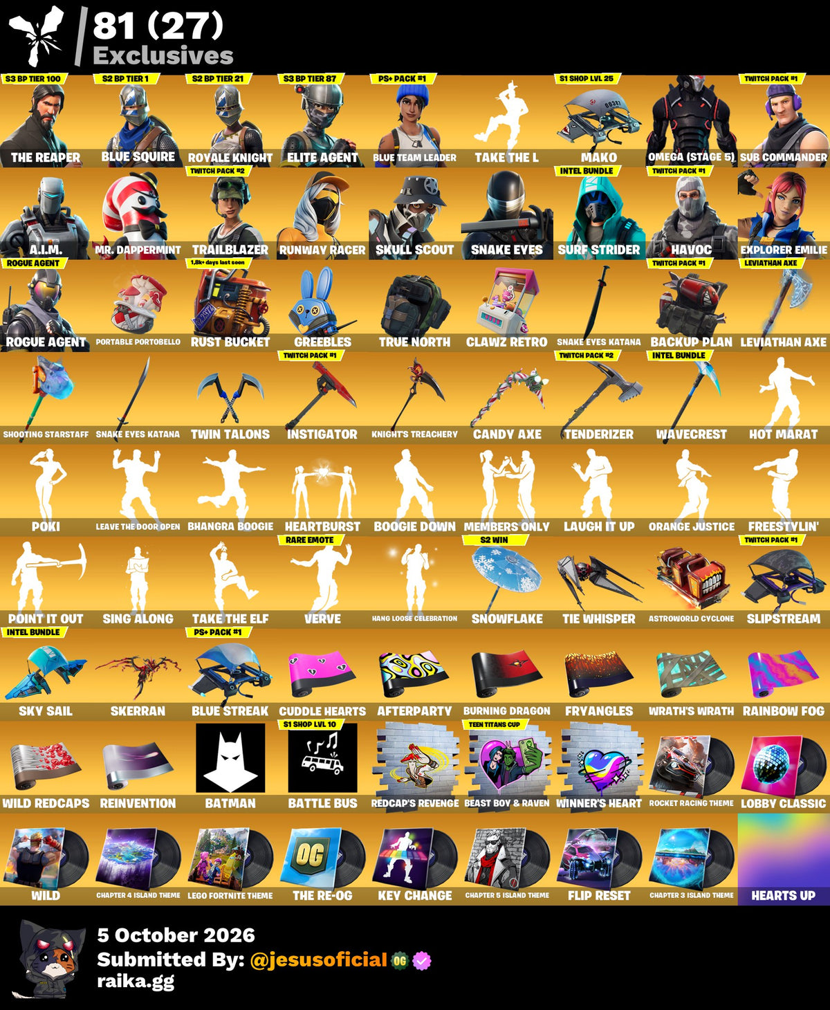 183 SKINS THE REAPER + TOMA LA L + RISA DE BURRO + HACHA DE KRATOS